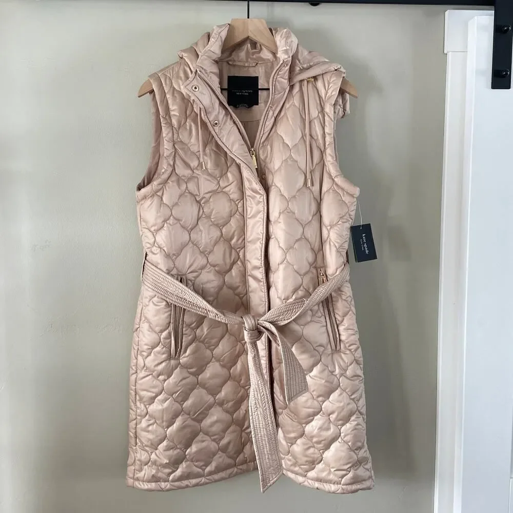 NWT Kate Spade Quilted Long Vest Hooded Soft Clay - Size: Medium